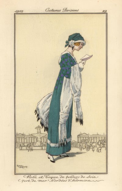 Woman Reading a Letter Wearing a Velvet Dress and Toque by Roger Broders