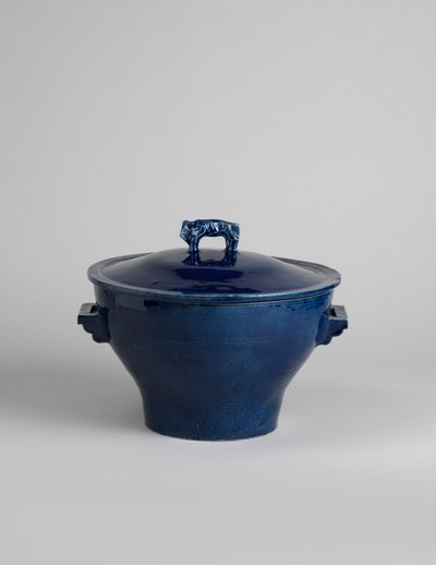 Blue-glazed covered tureen with handle in the form of a bison or Chinese lion, c.1915 by Roger Eliot Fry