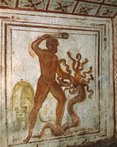 Hercules and Lernaean Hydra, fresco, Via Latina Catacomb, Rome, Italy, 4th century by Roman
