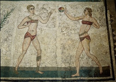 Roman art: young women playing ball. Young Romans engaged in physical exercises. They wear a loincloth around the kidneys and a strophium by Roman