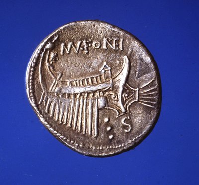 Silver coin representing a galley, 91 A.D. by Roman