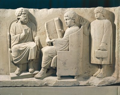 Stone burial monument with relief representing Neumagen school with teacher and pupils, about 180 by Roman