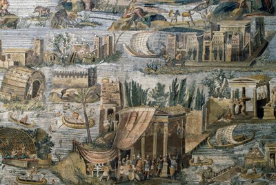 Temples along Nile river, detail from Nilotic mosaic of flooding of river Nile in Egypt, from Sanctuary of Fortuna Primigenia at Palestrina, Lazio, Italy, Roman civilization by Roman