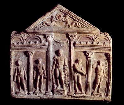 Decorative Terracotta Plaque Representing a Temple with Statues by Roman Roman