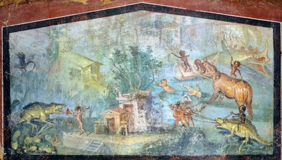 Painting on Plaster Depicting a Nilotic Scene with Pygmies Attacking Crocodiles and Hippopotamuses, from Pompeii by Roman Roman