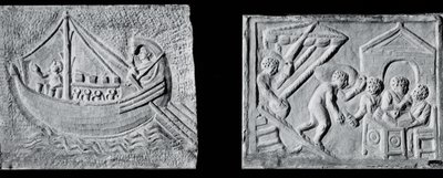 Relief depicting a merchant ship and relief depicting the unloading of a ship by Roman Roman