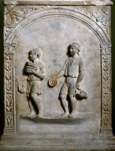Burial altar depicts two servants carrying objects for sacrifice. Low relief by Roman Roman