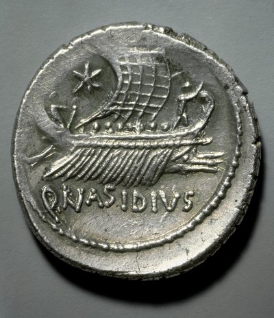Roman Art: Silver Coin Depicting a Galley by Roman Roman