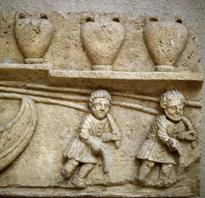 Roman art: the hauling of a boat loaded with barrels destined for trade (detail) by Roman Roman