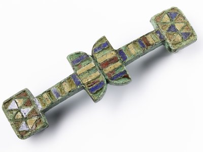 Strap junction with upper surface set with red, blue and yellow enamel, from the Roman legionary fortress at Inchtuthil, Caputh, Perthshire by Roman Roman