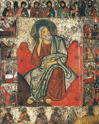 The Prophet Elijah in the Wilderness with Scenes from His Life and Deesis by Russian icon.