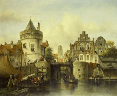 Imaginary View based on the Kolksluis, Amsterdam by Salomon Leonardus Verveer