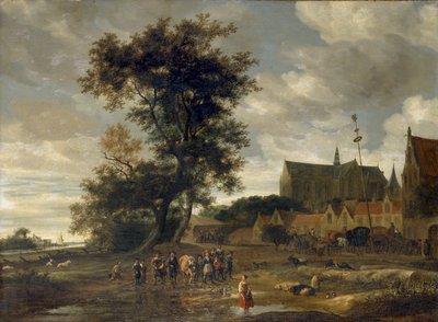 Scene Before a Maypole with Alkmaar Church in the Background by Salomon Ruysdael