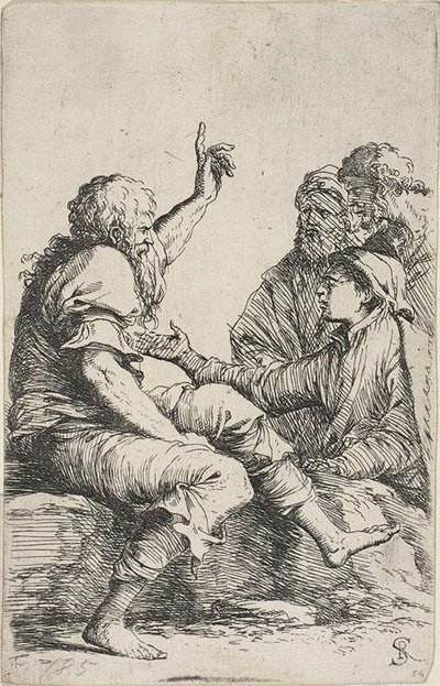 A Bearded Old Man Seated on a Rock and Making a Hortatory Gesture Toward Three Men Opposite Him, from Figurine Series by Salvator Rosa