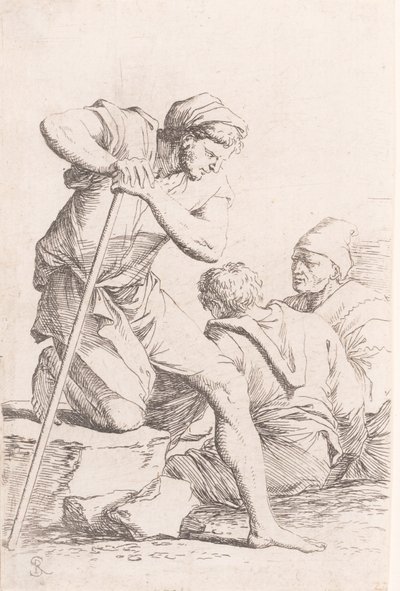 Two men sitting and another man holding a staff kneeling on a rock, from the series, ca. 1656-1657 by Salvator Rosa