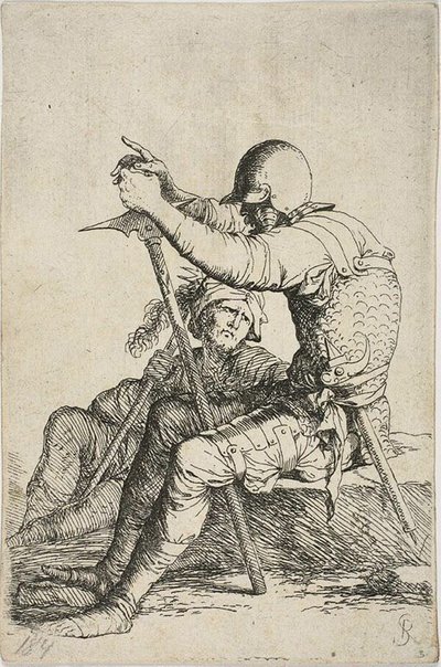 Two Warriors, One Seated on a Low Foreground Rock and Holding a War Hammer; the Other Figure Seated on the Ground Behind Him, Holding a Mace Across His Right Shoulder and Looking Up at the Foreground Figure, from Figurine Series by Salvator Rosa