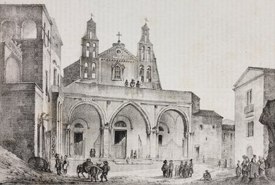 Facade of Cathedral of Sessa Aurunca, Campania, Italy. Lithograph by Salvatore Puglia after drawing by Pasquale Mattei from Poliorama Pittoresco by Salvatore Puglia