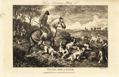 Mounted huntsman watching a pack of hounds digging for hares by Samuel (after) Howitt