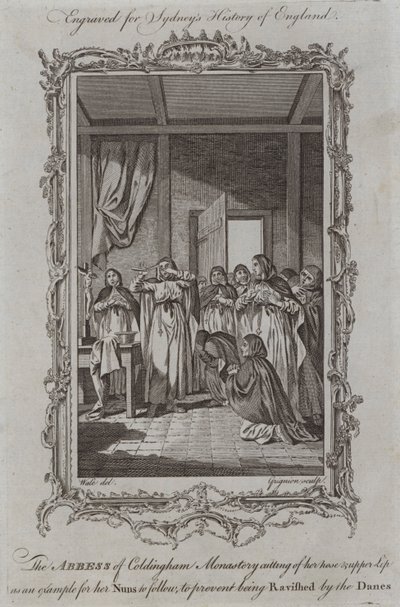 The Abbess of Coldingham Monastery cutting off her nose and upper lip as an example for her nuns to follow, to prevent being ravished by the Danes by Samuel (after) Wale