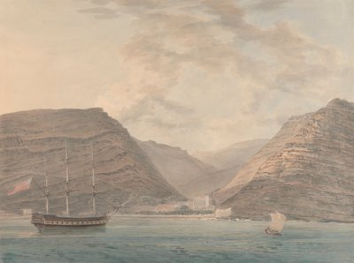 Man of War Moored in Harbor, Mountains in the Background by Samuel Davis