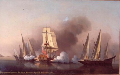The Engagement between the Blast Sloop and two Spanish Privateers by Samuel Scott