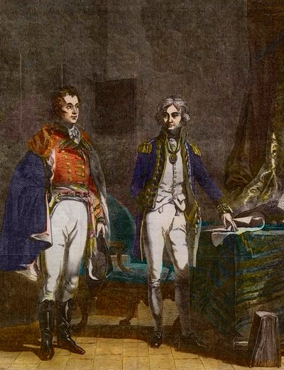A meeting between Major-General Sir Arthur Wellesley (Duke of Wellington) and Vice-Admiral Horatio Nelson, September 1805, engraved by Samuel William Reynolds (1794-1872) after John Prescott Knight (1803-1881) by Samuel William I Reynolds