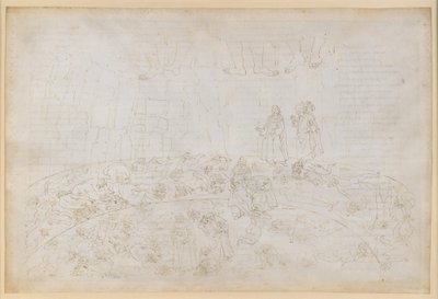 The Divine Comedy, Inferno XXXII. Ninth Circle (Cocytus), 1st and 2nd Strips: Punishment of Traitors to Kin and Country in the Ice of Caina and Antenora by Sandro Botticelli