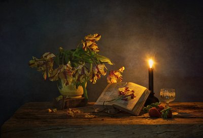 Candlelit Book and Flowers by Saskia Dingemans