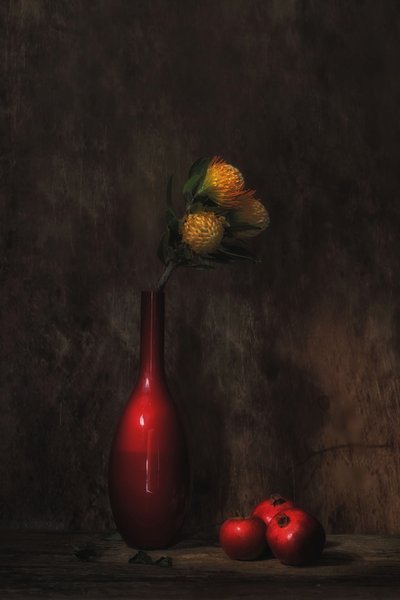 Red Vase Floral Still Life by Saskia Dingemans