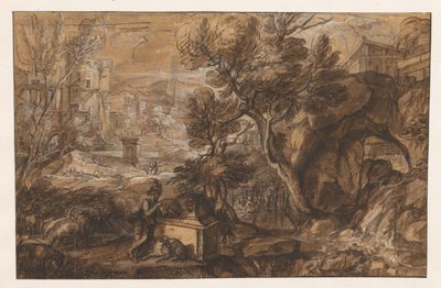 Landscape with Shepherd by Ancient Sarcophagus by Sébastien Bourdon (attributed to)