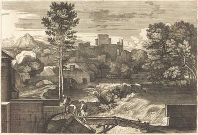 Landscape with Two Figures on a Bridge by Sébastien Bourdon