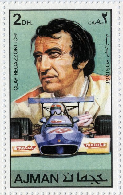 UAE stamp representing Swiss car driver Clay Regazzoni (1939) by School Arabic