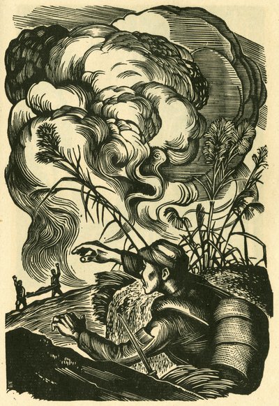 Comrade, all together, Liu Lun war scene. Wood engraving, in "Woodcuts of war-time China 1937-1945", Shanghai by School Chinese