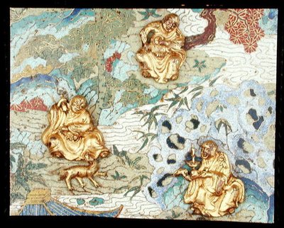 Detail from a pair of plaques depicting buddhist figures in a landscape by School Chinese
