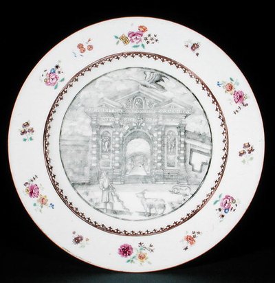 Dinner plate decorated en grisaille with Rose Famille enamels depicting Jacob Bobart (1599-1680) with a goat and a dog, Qianlong period (1736-95) by School Chinese