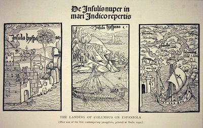 The landing of Columbus on Espaniola, after a contemporary pamphlet published at Basle in 1494 by School English
