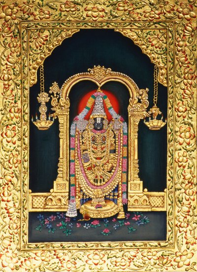 God Tirupati Balaji in Miniature Painting on Paper with Gold Embossing by School Indian