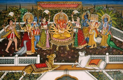 Lord Ganesh Ganpati with Brahma, Vishnu, Shiva, Durga by School Indian