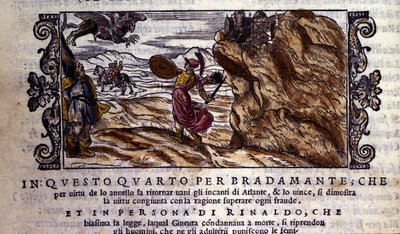 Bradamante tears Brunel her enchanting ring, thanks to which she detrays the power of Atlante and delivre Roger, scene of the knight poem of Orlando Furioso by Ludovico Ariosto, Chant I by School Italian