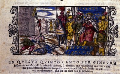 Princess Ginevra is innocent and the fight between the slander and the unknown knight who came to defend Ginevra is interrupted. Scene of the knight poem of 