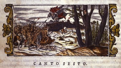 Ruggiero is carried by the hippogriff to the island of Alcina where he is attacked by an army of monsters, scene from Orlando Furioso by Ludovico Ariosto by School Italian