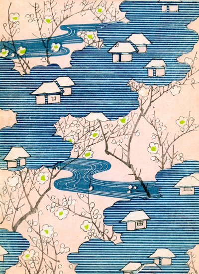 Pattern for a Kimono Design: Cottages with Rivers and Cherry Blossoms by School Japanese