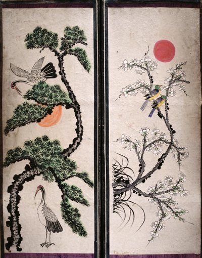 Two Panels of an Eight Fold Screen Depicting Birds and Flowers by School Korean