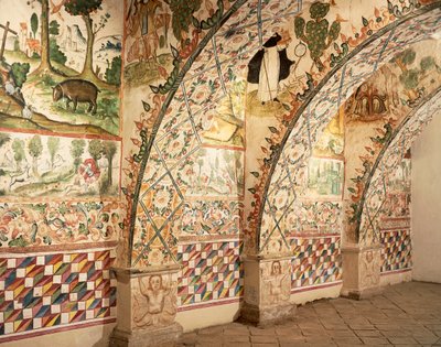 Chapel frescoes depicting religious and daily life scenes by School Peruvian