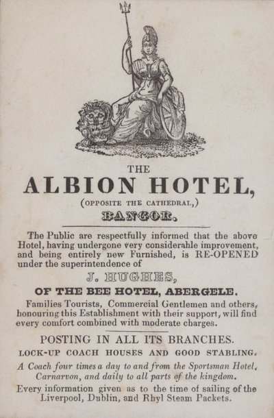 Advertisement for the Albion Hotel, Bangor, North Wales by School Welsh
