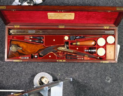 A Gold Decorated 16 Bore D.B. Percussion Rifle Made for the Nizam of Hyderabad, in a Brass Mounted Mahogany Case, Lined in Crimson Silk, c.1855 by Scottish School