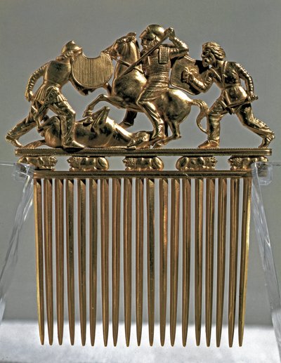 Scythian art: gold comb decorated with scenes of battles with Scythian warriors. From the tumulus of Solokha in Russia (today Ukraine). 5th-4th century BC. Hermitage Museum, Saint Petersburg by Scythian