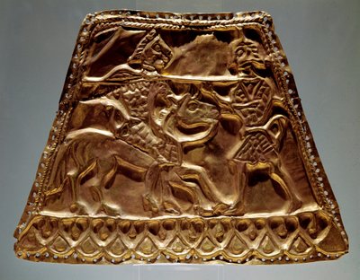 Golden Sheet Showing a Horseman Attacking a Warrior with a Spear by Scythian
