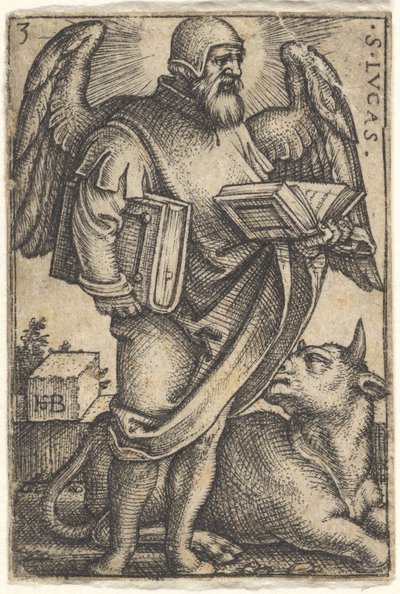 Saint Luke with his head turned in profile to the right, a book in each hand by Sebald Beham