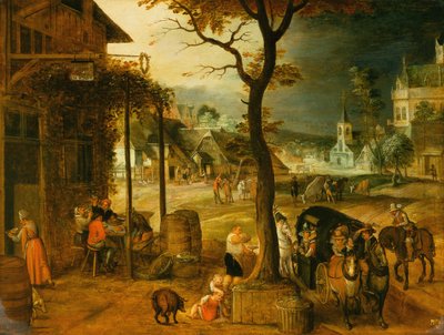Village with Travellers taking Refreshments at an Inn by Sebastian (follower of) Vrancx